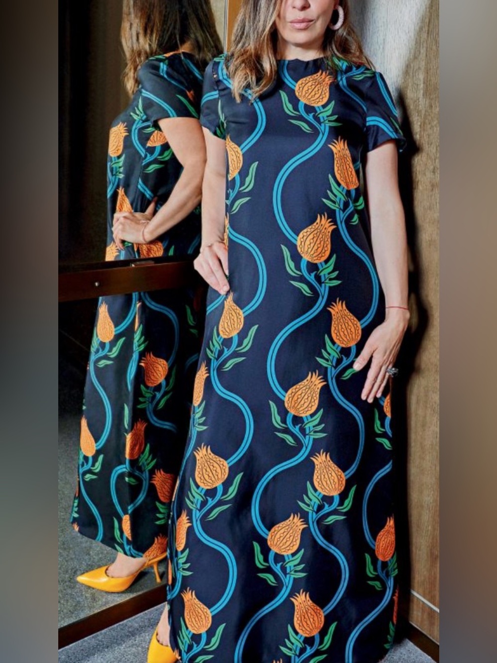 LA DoubleJ Navy Maxi Dress with Orange Tulip Motif